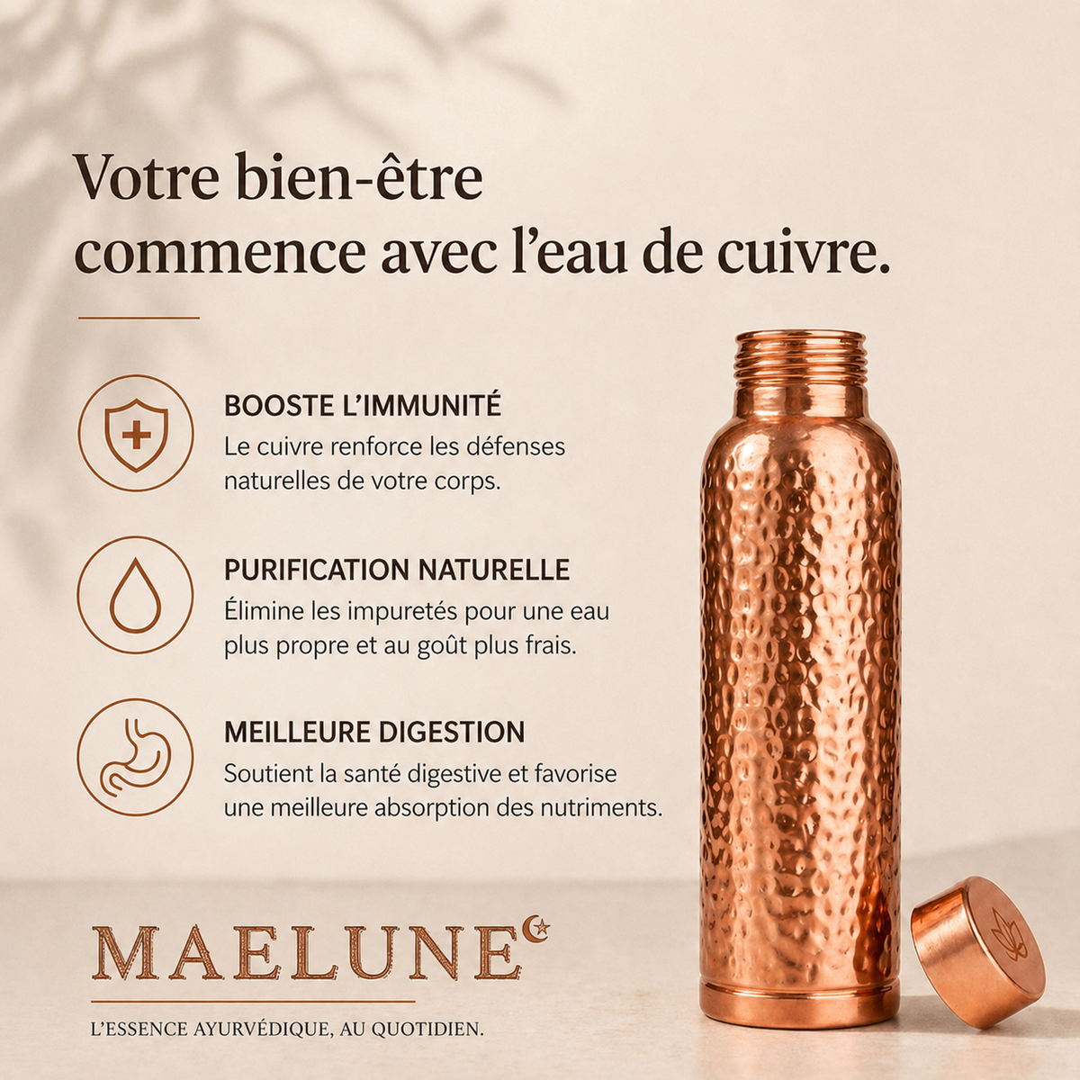 Gourde en Cuivre – Maelune™ | L’Eau Purifiée Naturellement, Sans Plastique